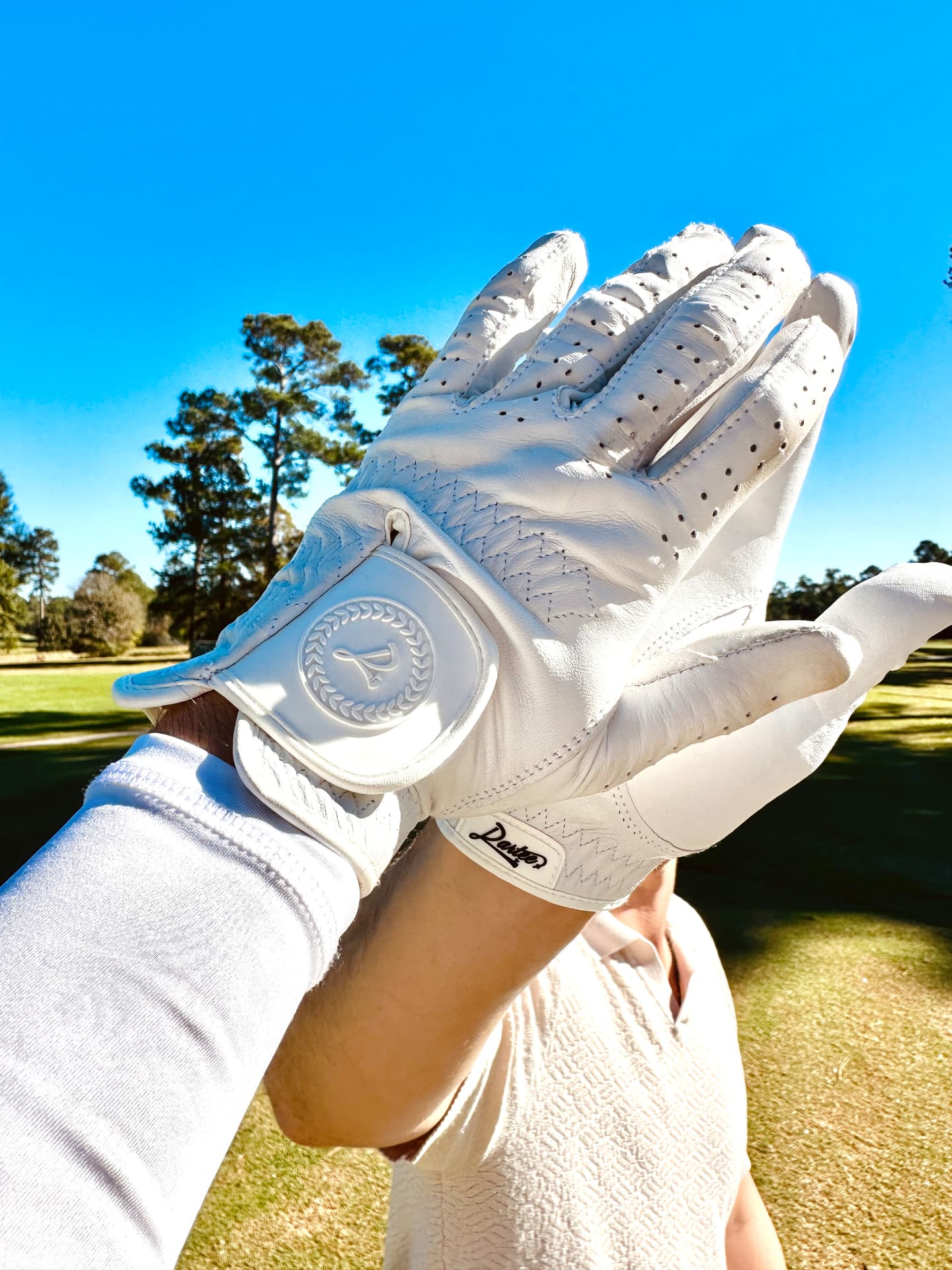 Two golfers in white high-five, both wearing golf gloves, over a sunlit fairway